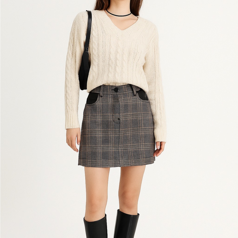 Derek Lam preppy plaid mini skirt with leather details